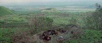 Movie still from “Quest for Fire” (1981), directed by Jean-Jacques Annaud – A group of animals laying on top of a grass covered field; Extreme Wide shot, High angle