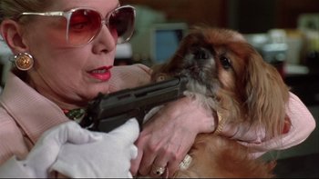 Movie still from “Quick Change” (1990), directed by Howard Franklin – A woman holding a gun while holding a brown dog; Close Up shot, Low angle