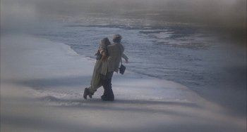 Movie still from “Quintet” (1979), directed by Robert Altman – A man and a woman are walking on the beach; Wide shot, High angle