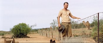 Movie still from “Rabbit-Proof Fence” (2002), directed by Phillip Noyce – A man standing next to a dog in a fenced in area; Medium shot, Low angle