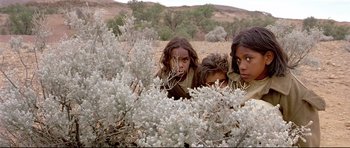 Movie still from “Rabbit-Proof Fence” (2002), directed by Phillip Noyce – A group of people in the middle of a field with bushes; Medium shot, High angle