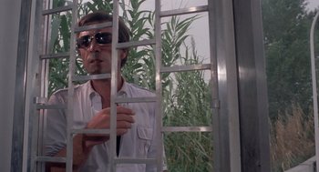 Movie still from “Rabid Dogs” (1974), directed by Mario Bava – A man looking through a window at a plant; Medium shot, Low angle