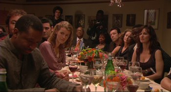 Movie still from “Rachel Getting Married” (2008), directed by Jonathan Demme – A group of people sitting at a dinner table; Medium shot, High angle
