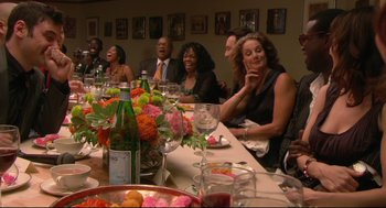 Movie still from “Rachel Getting Married” (2008), directed by Jonathan Demme – A group of people sitting at a dinner table; Medium shot, High angle