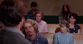 Movie still from “Rachel, Rachel” (1968), directed by Paul Newman – A group of people sitting in a room; Medium shot, Over the shoulder angle