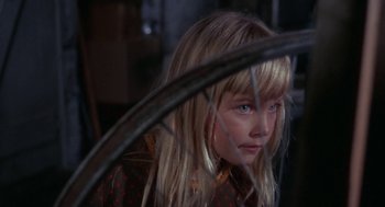 Movie still from “Rachel, Rachel” (1968), directed by Paul Newman – A young girl with blue eyes looking through a fence; Close Up shot, High angle