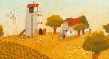 Movie still from “Raining Cats and Frogs” (2003), directed by Jacques-Rémy Girerd – An oil painting of a farm with sheep in the background; Extreme Wide shot, Low angle