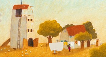 Movie still from “Raining Cats and Frogs” (2003), directed by Jacques-Rémy Girerd – An oil painting of two people standing in a field; Extreme Wide shot, Low angle