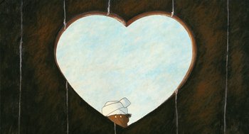 Movie still from “Raining Cats and Frogs” (2003), directed by Jacques-Rémy Girerd – A painting of a man in a hat looking out of a heart shaped window; Close Up shot, Low angle