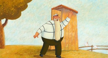 Movie still from “Raining Cats and Frogs” (2003), directed by Jacques-Rémy Girerd – An old man standing in front of an outhouse; Medium shot, Low angle