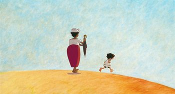 Movie still from “Raining Cats and Frogs” (2003), directed by Jacques-Rémy Girerd – A woman and a child walking on a beach; Wide shot, Low angle