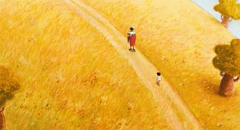 Movie still from “Raining Cats and Frogs” (2003), directed by Jacques-Rémy Girerd – A painting of two people walking on a dirt path; Extreme Wide shot, High angle