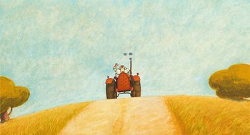 Movie still from “Raining Cats and Frogs” (2003), directed by Jacques-Rémy Girerd – A painting of two people riding a tractor down a dirt road; Extreme Wide shot, Low angle