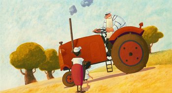 Movie still from “Raining Cats and Frogs” (2003), directed by Jacques-Rémy Girerd – A painting of a man on top of a red tractor; Extreme Wide shot, Low angle
