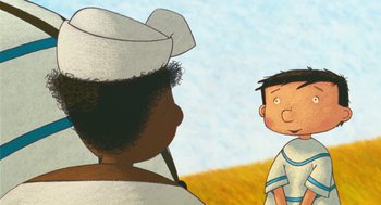 Movie still from “Raining Cats and Frogs” (2003), directed by Jacques-Rémy Girerd – A cartoon picture of a boy talking to an older man; Close Up shot, Over the shoulder angle