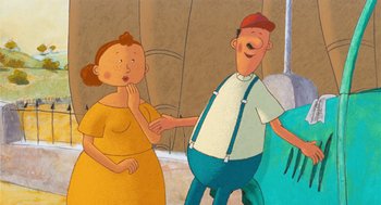 Movie still from “Raining Cats and Frogs” (2003), directed by Jacques-Rémy Girerd – Two people standing next to each other in front of a wall; Medium shot, High angle