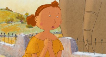 Movie still from “Raining Cats and Frogs” (2003), directed by Jacques-Rémy Girerd – An illustration of a girl in a yellow dress; Close Up shot, Over the shoulder angle