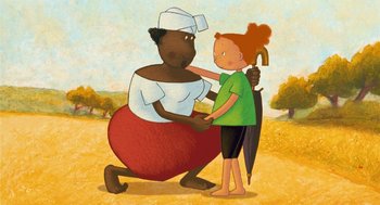 Movie still from “Raining Cats and Frogs” (2003), directed by Jacques-Rémy Girerd – An illustration of a woman holding an umbrella next to an older woman; Medium shot, Low angle