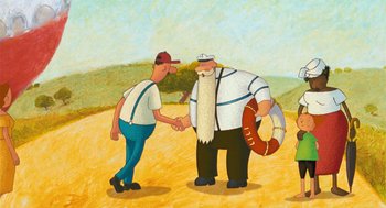 Movie still from “Raining Cats and Frogs” (2003), directed by Jacques-Rémy Girerd – A painting of two men shaking hands on a dirt road; Wide shot, Low angle