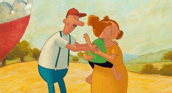 Movie still from “Raining Cats and Frogs” (2003), directed by Jacques-Rémy Girerd – An illustration of a man holding a woman and a baby; Medium shot, Over the shoulder angle