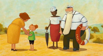 Movie still from “Raining Cats and Frogs” (2003), directed by Jacques-Rémy Girerd – A group of people standing on top of a sandy beach; Wide shot, Low angle