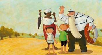 Movie still from “Raining Cats and Frogs” (2003), directed by Jacques-Rémy Girerd – A group of people standing next to each other on a beach; Wide shot, Low angle