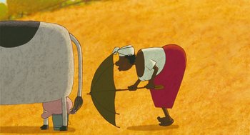 Movie still from “Raining Cats and Frogs” (2003), directed by Jacques-Rémy Girerd – An animated woman holding an umbrella in a field; Wide shot, Low angle