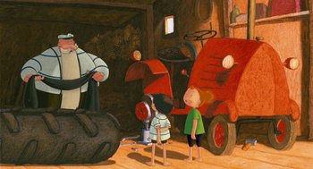Movie still from “Raining Cats and Frogs” (2003), directed by Jacques-Rémy Girerd – A painting of a man and two children in front of an old truck; Wide shot, Low angle