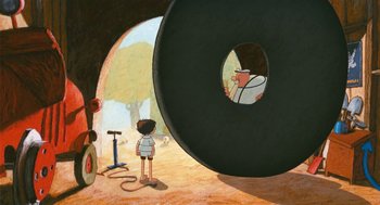 Movie still from “Raining Cats and Frogs” (2003), directed by Jacques-Rémy Girerd – A cartoon of a boy looking into a mirror; Wide shot, Low angle