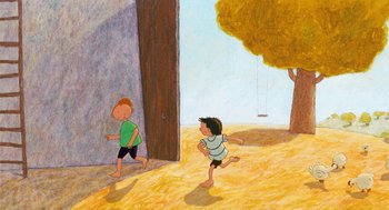 Movie still from “Raining Cats and Frogs” (2003), directed by Jacques-Rémy Girerd – A painting of a boy and a girl running in the dirt; Extreme Wide shot, Low angle