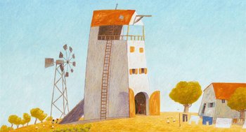 Movie still from “Raining Cats and Frogs” (2003), directed by Jacques-Rémy Girerd – An oil painting of a windmill and a tower; Extreme Wide shot, Low angle