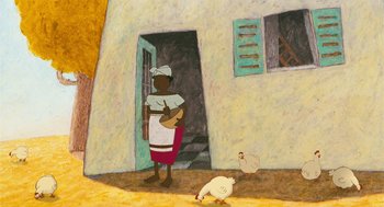 Movie still from “Raining Cats and Frogs” (2003), directed by Jacques-Rémy Girerd – A painting of a woman holding a basket and a chicken; Wide shot, Low angle