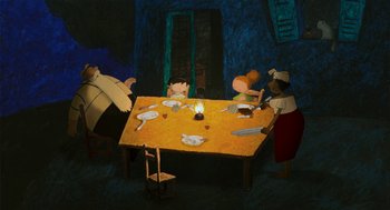 Movie still from “Raining Cats and Frogs” (2003), directed by Jacques-Rémy Girerd – A group of people sitting around a table with a lit candle on it; Wide shot, High angle
