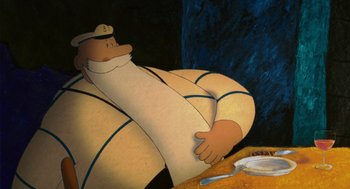 Movie still from “Raining Cats and Frogs” (2003), directed by Jacques-Rémy Girerd – An animated picture of a man in a sailor suit; Medium shot, Low angle
