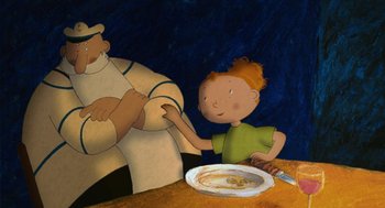 Movie still from “Raining Cats and Frogs” (2003), directed by Jacques-Rémy Girerd – An animated picture of a child and an old man eating food; Medium shot, Over the shoulder angle