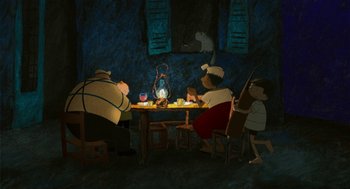Movie still from “Raining Cats and Frogs” (2003), directed by Jacques-Rémy Girerd – A group of people sitting at a dinner table; Wide shot, High angle