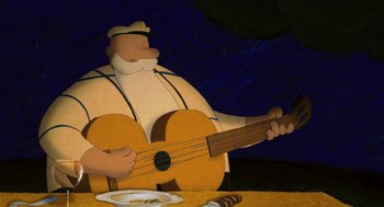 Movie still from “Raining Cats and Frogs” (2003), directed by Jacques-Rémy Girerd – A cartoon of a man playing a guitar; Medium shot, Low angle