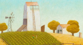 Movie still from “Raining Cats and Frogs” (2003), directed by Jacques-Rémy Girerd – A painting of two people standing in a field near a building; Extreme Wide shot, Low angle