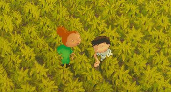 Movie still from “Raining Cats and Frogs” (2003), directed by Jacques-Rémy Girerd – Two children are standing in a field of leaves; Extreme Wide shot, Overhead angle
