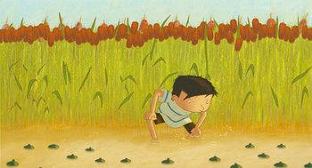 Movie still from “Raining Cats and Frogs” (2003), directed by Jacques-Rémy Girerd – An illustration of a boy in a field of flowers; Wide shot, High angle