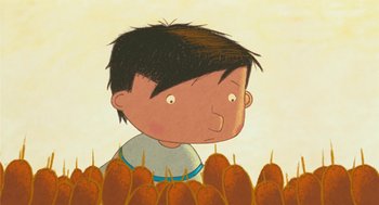 Movie still from “Raining Cats and Frogs” (2003), directed by Jacques-Rémy Girerd – An illustration of a boy in a field of pumpkins; Close Up shot, High angle