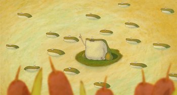 Movie still from “Raining Cats and Frogs” (2003), directed by Jacques-Rémy Girerd – An illustration of a bag sitting on top of an island in the middle of the ocean; Extreme Wide shot, Overhead angle
