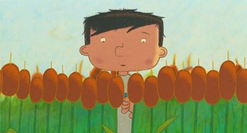 Movie still from “Raining Cats and Frogs” (2003), directed by Jacques-Rémy Girerd – An illustration of a boy in a field of flowers; Medium shot, Low angle
