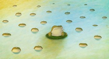 Movie still from “Raining Cats and Frogs” (2003), directed by Jacques-Rémy Girerd – An image of a group of people in the water; Extreme Wide shot, High angle