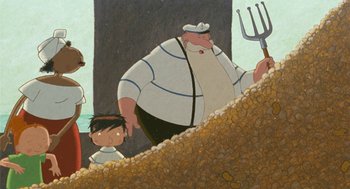 Movie still from “Raining Cats and Frogs” (2003), directed by Jacques-Rémy Girerd – An illustration of a man and a child with a fork in hand; Wide shot, Low angle