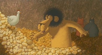 Movie still from “Raining Cats and Frogs” (2003), directed by Jacques-Rémy Girerd – An illustration of a man in a pile of potatoes; Medium shot, Overhead angle