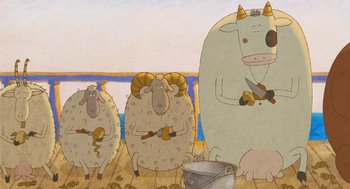 Movie still from “Raining Cats and Frogs” (2003), directed by Jacques-Rémy Girerd – A painting of three animals on a dock; Wide shot, Overhead angle