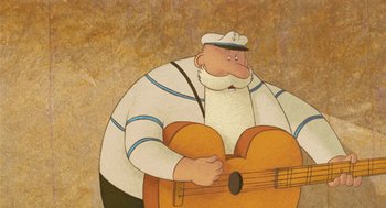 Movie still from “Raining Cats and Frogs” (2003), directed by Jacques-Rémy Girerd – An old man holding a guitar in front of a wall; Medium shot, Low angle