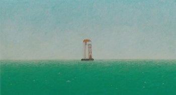 Movie still from “Raining Cats and Frogs” (2003), directed by Jacques-Rémy Girerd – An oil painting of a boat in the middle of the ocean; Extreme Wide shot, Low angle