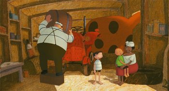 Movie still from “Raining Cats and Frogs” (2003), directed by Jacques-Rémy Girerd – A painting of a man standing next to a red car; Wide shot, High angle